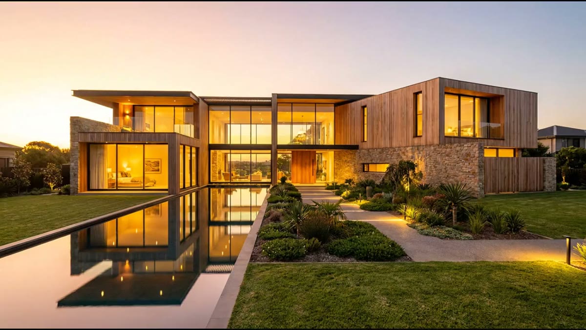 The Cliffside Residence at golden hour, viewed across the infinity pool