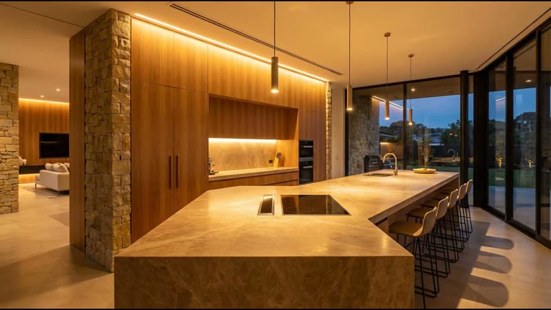 Stone island kitchen with pendant lighting