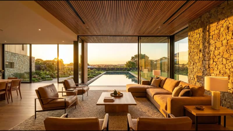 Open-plan living room with sunset pool view